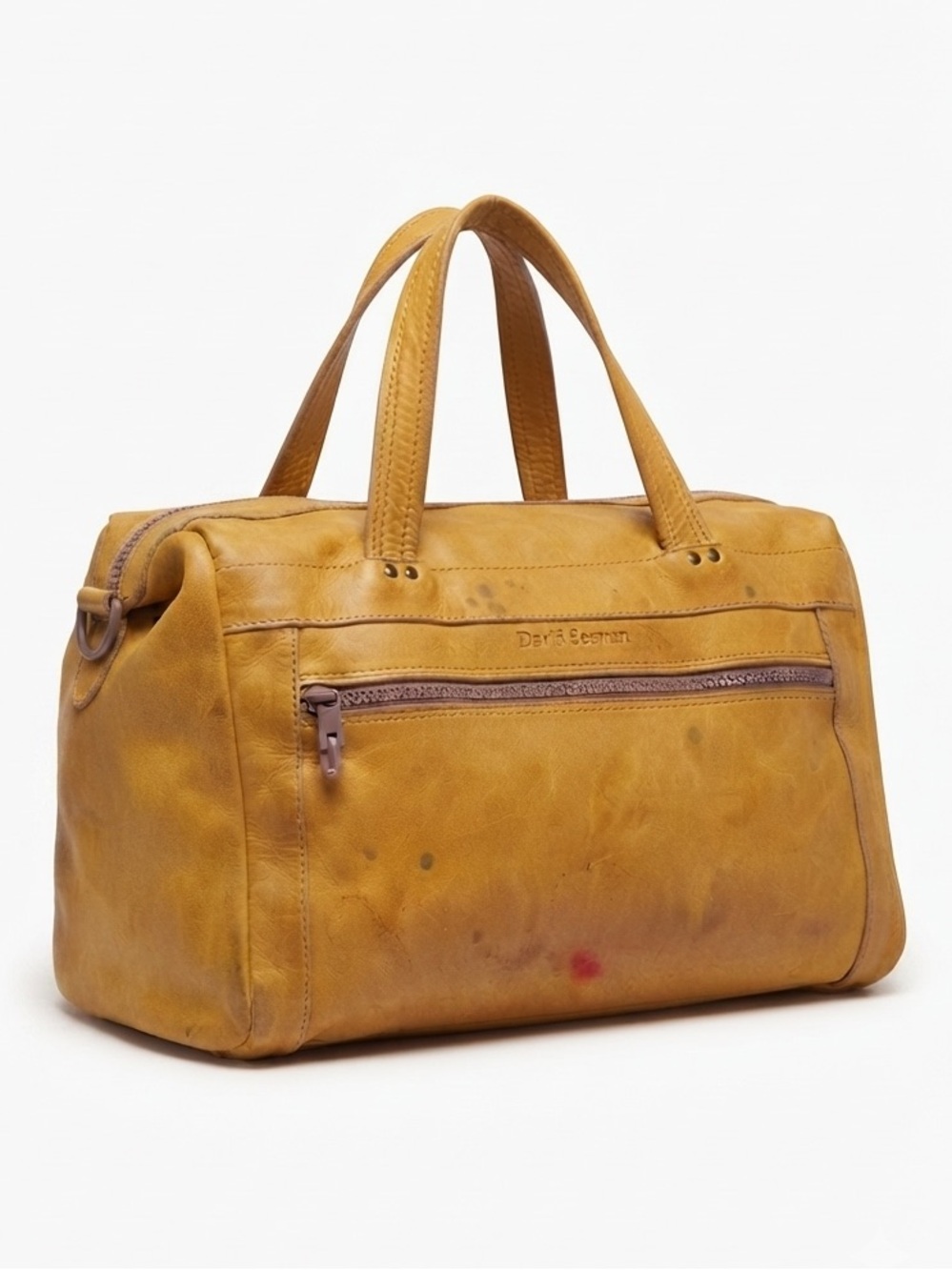 VTG David Seeman Distressed Leather Satchel Mustard Yellow Duffle Boho Bag